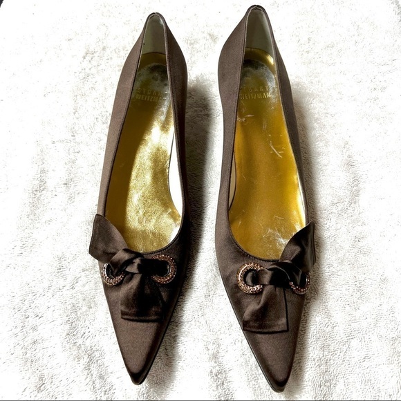 Vintage STUART WEITZMAN 90’s Brown silk satin pointed toe rhinestone heels 7.5 N - Picture 3 of 10
